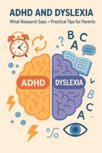 Split-Brain Concept Illustration Half the brain with ADHD-related imagery (e.g., clocks, movement, scattered ideas) The other half with dyslexia-related imagery (e.g., jumbled letters, open books, visual symbols)