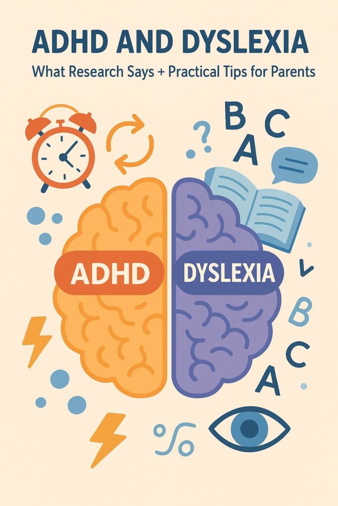 Split-Brain Concept Illustration Half the brain with ADHD-related imagery (e.g., clocks, movement, scattered ideas) The other half with dyslexia-related imagery (e.g., jumbled letters, open books, visual symbols)